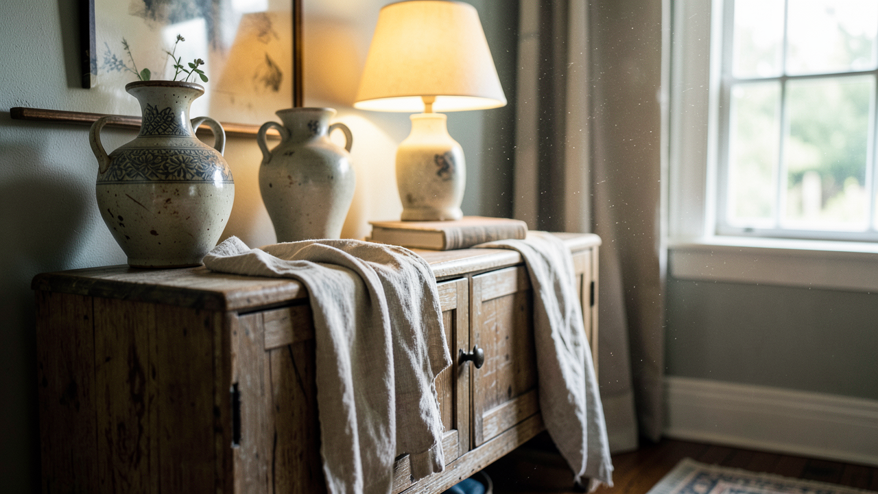 A vintage-inspired living room scene with a weathered wood sideboard, ceramic vases, a linen throw, and warm lamp light in a sunlit setting.